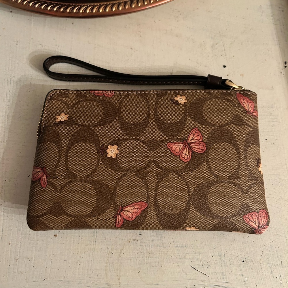 Coach Brown Wristlet with Pink Butterfly Accents - Picture 2 of 3